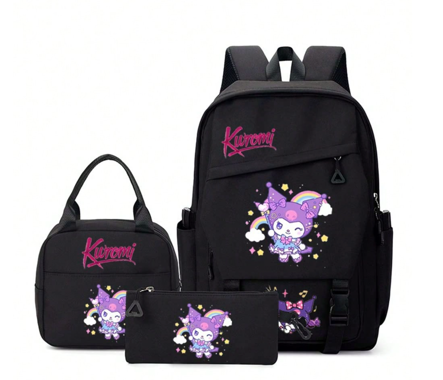 Sanrio مجموعة حقيبة ظهر مدرسية من سانريو كورومي قطعة واحدة/3 قطع، حقيبة خلفية كبيرة السعة متعددة القطع وحقيبة متقاطعة وكلاسيك حقيبة مدرسيّة بسيطة كاجوال متعددة الأغراض حقيبة الظهر المدرسية من النايلون بلون واحد مع حقيبة كتب قابلة للتعديل من S & Multi جيو